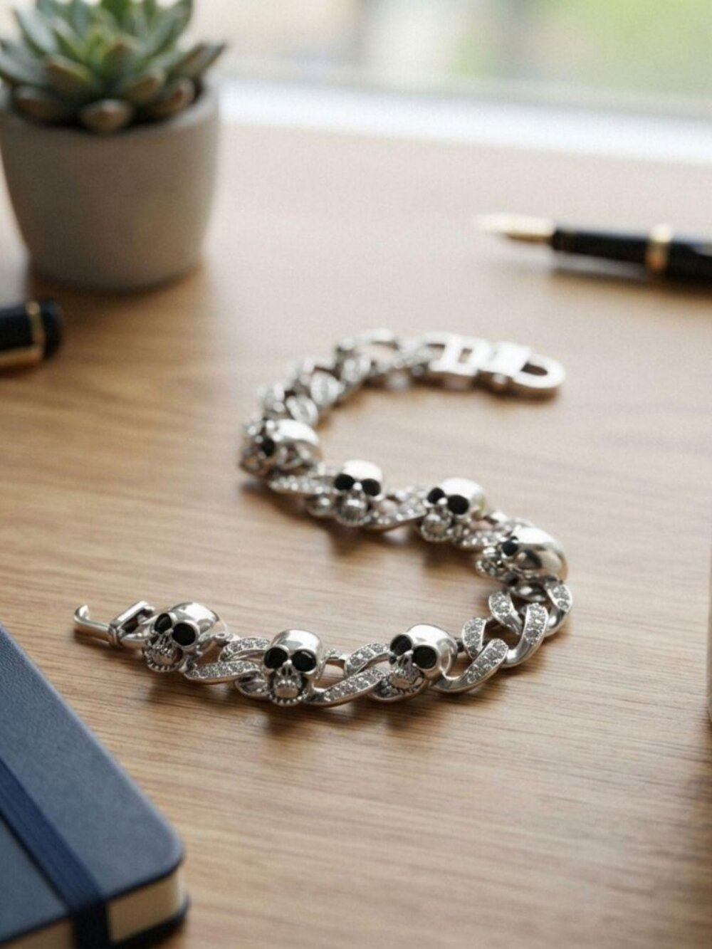Mens S925 silver gothic skull bracelet Silvery daily wear
